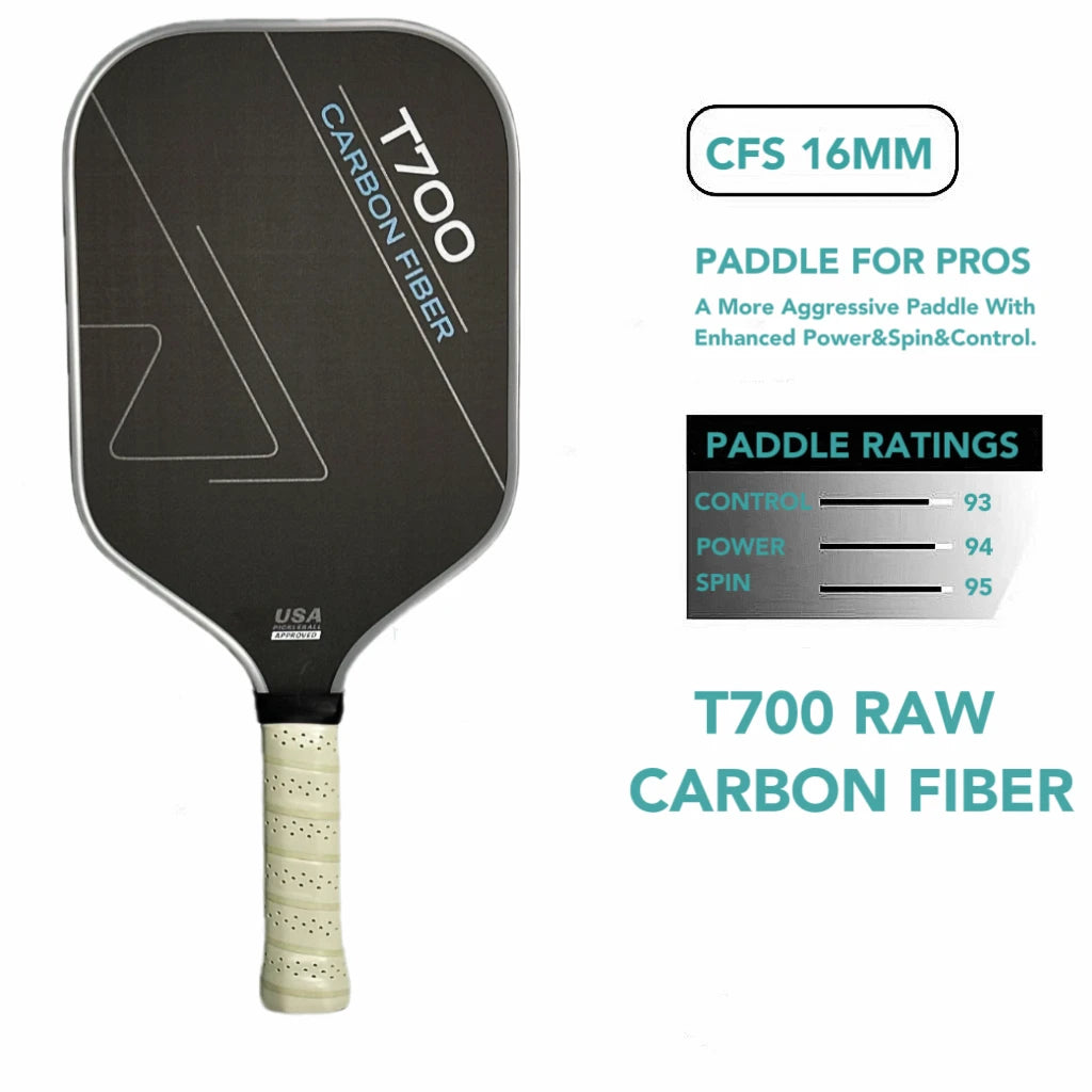 T700 Raw Carbon Fiber Pickleball Paddle for Professionals - Enhanced Power, Spin, and Control with Carbon Friction Surface and Polymer Honeycomb Core (16MM)