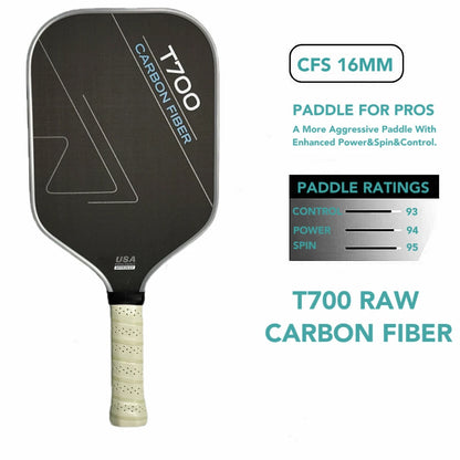 T700 Raw Carbon Fiber Pickleball Paddle for Professionals - Enhanced Power, Spin, and Control with Carbon Friction Surface and Polymer Honeycomb Core (16MM)