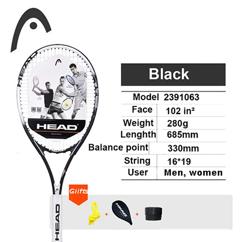 Professional Carbon Tennis Racket in Black with Bag, Overgrip, and Dampener - Model 414