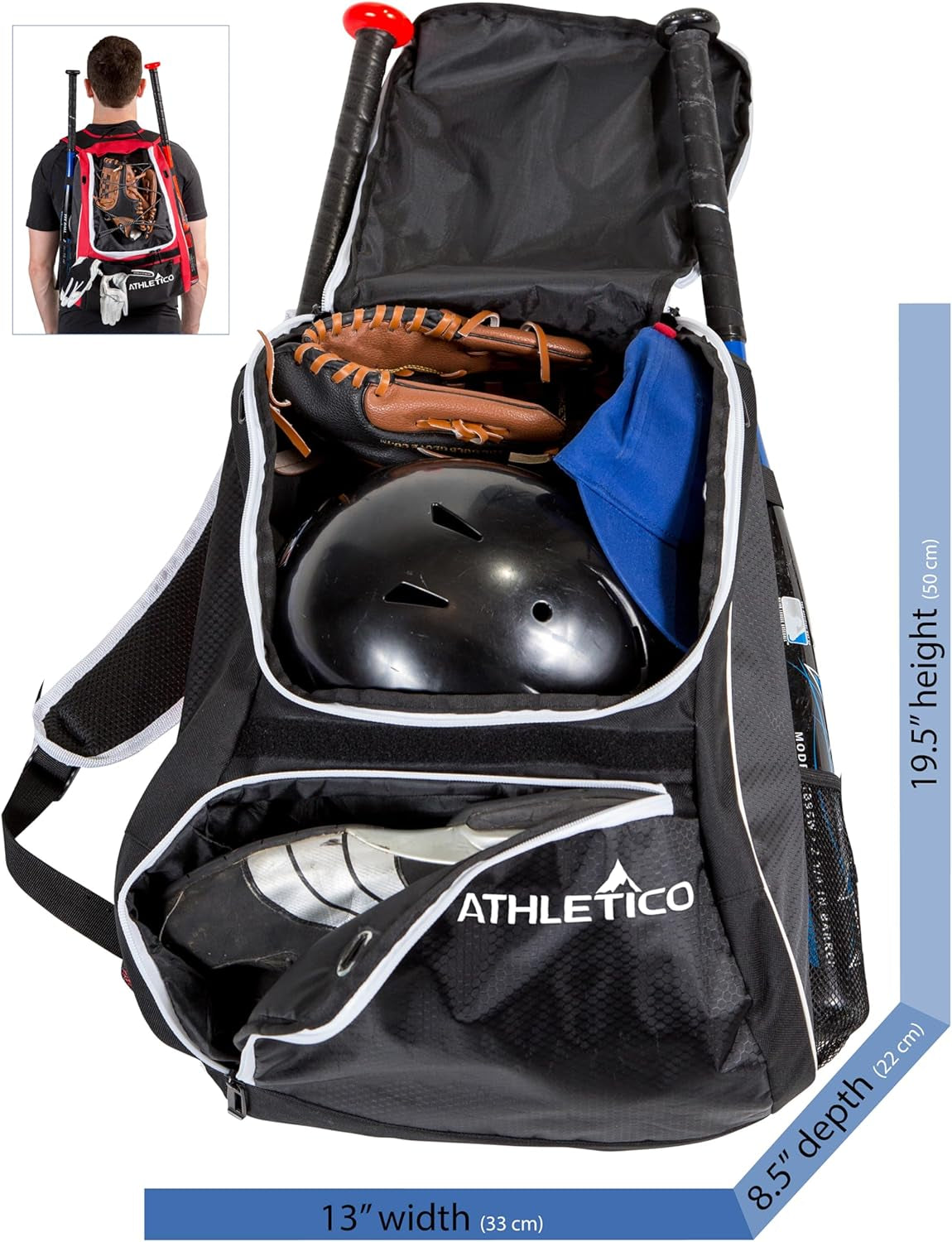 Baseball Bat Backpack - Versatile Gear Bag for Youth and Adults | Accommodates Bat, Helmet, Glove, and Shoes | Features Shoe Compartment and Fence Hook